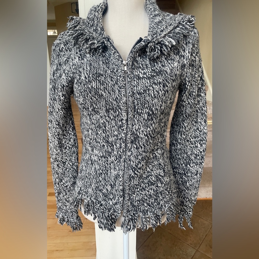 Helium Wool blend fringe Zipper Sweater With Hood